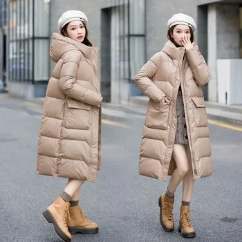 2023 Зимняя женская длинная куртка с теплым капюшоном, прямое хлопчатобумажное пальто, женские удлиненные утолщенные повседневные парки Оверсайз