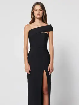 2023 Новое черное сексуальное женское платье без рукавов с разрезом на одно плечо, длинное Макси облегающее вечернее платье для вечеринки в клубе знаменитостей