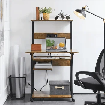 3-ярусный компьютерный стол с зарядной станцией, полка для принтера для домашнего офиса, столы в деревенском стиле, коричневый стол, игровая мебель Pliante