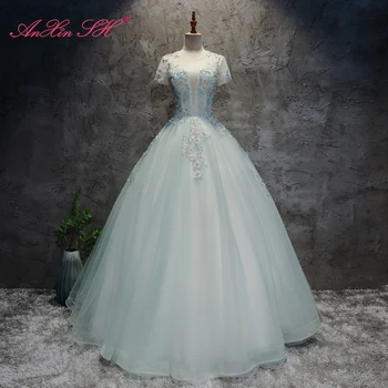 AnXin SH Принцесса роза цветок голубое кружево бисероплетение кристалл o образным вырезом с коротким рукавом иллюзия бальное платье невесты вечеринка сцена вечернее платье