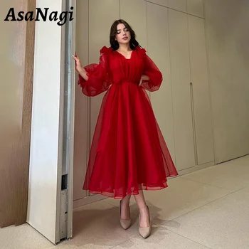 AsaNagi Красное вечернее платье трапециевидной формы, женское пышное платье для выпускного вечера с длинным рукавом и V-образным вырезом, тюлевые платья для официальных мероприятий в Саудовской Аравии длиной до чайного дерева