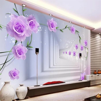 Beibehang 3D Обои Фиолетовая Роза 3D Стерео Пространство Расширенная Гостиная Спальня ТВ Фон Настенные обои для стен 3 d