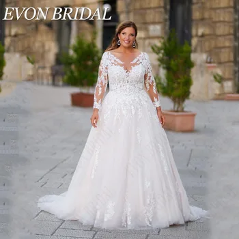 EVON BRIDAL Изысканное свадебное платье большого размера С длинными рукавами, аппликацией на шнуровке, круглым вырезом, Vestidos De Novia, Свадебное платье трапециевидной формы