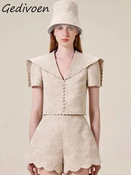 Gedivoen, осенний модный дизайнерский комплект шорт с винтажным принтом, женские тонкие пальто с матросским воротником и вышивкой + широкие шорты, комплект из 2 предметов