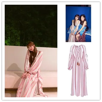 kpop Корейские знаменитости С открытыми плечами в розовую полоску, милое платье длиной до щиколотки, женский летний пляжный стиль, элегантные длинные платья на шнуровке