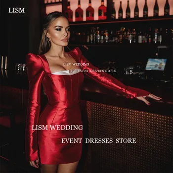 LISM Сексуальные Красные атласные Короткие Мини-коктейльные платья для женщин из Саудовской Аравии с длинными рукавами и квадратным воротником, Вечернее платье на заказ