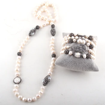 RH Модный ювелирный набор Жемчужные бусы с узлом ручной работы, ожерелье из пресноводного жемчуга и браслет для женщин, ювелирные изделия
