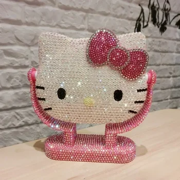 Sanrio Зеркало для туалетного столика Hello Kitty с мультяшными блестящими стразами, Ручное зеркало для красоты, подарок для розовых девочек с бриллиантами, флип для девочек