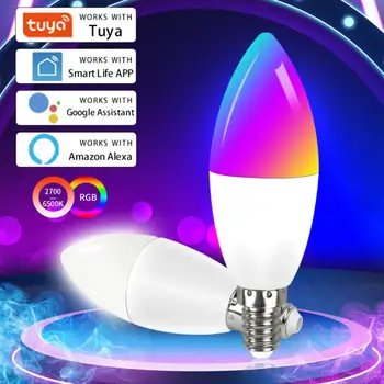 Wifi Умная Лампочка E14 Candle Lamp RGB + CW + WW 5 Вт 7 Вт 9 Вт Tuya Smart Life APP Голосовое Управление Совместимо с Alexa Google Home С Регулируемой Яркостью