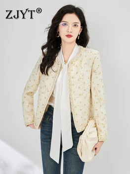 ZJYT, Осенняя роскошная Твидовая шерстяная куртка с бисером для женщин 2023, модные короткие пальто с круглым вырезом, Офисная Повседневная Винтажная верхняя одежда, Veste