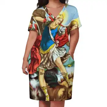 Архангел Святого Михаила, Католический святой, Платье с V-образным вырезом и коротким рукавом, юбка-трапеция, женская одежда, элегантная юбка для офисных леди.