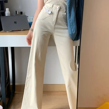 Брюки, джинсы для женщин с карманами, высокая талия, прямые брюки, белые джинсовые брюки, женские мешковатые Ретро-модные Повседневные Офисные 90-е годы