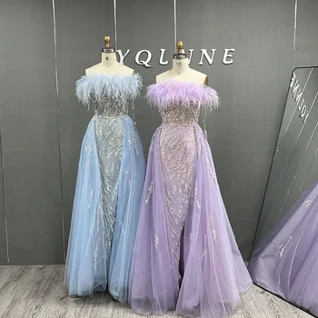 Вечерние платья с длинными разрезами в виде голубых перьев, украшенные кристаллами и бисером, вечернее платье из тюля 