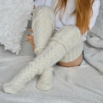 Вязаные носки длиной до колена, Шерстяные носки для женщин, сохраняющие тепло зимой, красочные чулки с длинным ворсом, Рождественский подарок