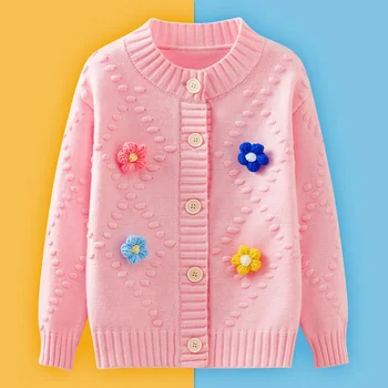 Детская одежда, весенне-осенний вязаный свитер для девочек, милый кардиган в цветочек, пальто с длинными рукавами для девочек, детская куртка с круглым вырезом