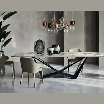 Дизайнерский Кухонный обеденный стол Текстура натурального камня Черная отделка Железная Мебель для квартиры Виллы Современный Мраморный стол для столовой