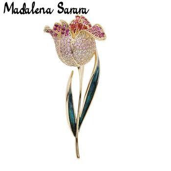 Женская брошь MADALENA SARARA с кубическим цирконием, эмаль в виде цветка тюльпана, аксессуары для костюмов