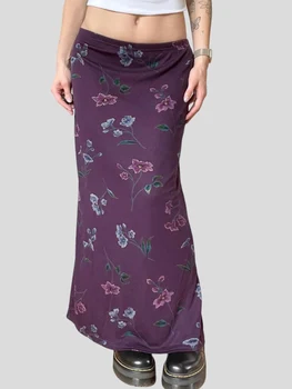 Женская длинная юбка Y2k в стиле ретро с цветочным принтом, летняя повседневная винтажная эстетичная облегающая юбка с разрезом для пляжного отдыха, клубная уличная одежда