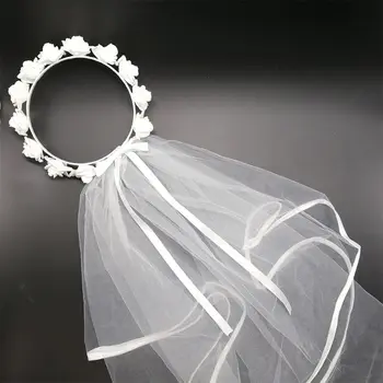 Женская свадебная фата, венок из белых цветов, Гирлянда для волос, свадебная повязка на голову, корона, Регулируемая лента на шнуровке, аксессуар для девичника