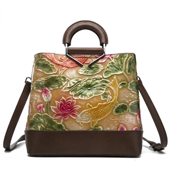 Женская сумка-тоут из воловьей кожи с тиснением в виде цветка, женская большая вместительная повседневная сумка через плечо для женщин, сумки для покупок из натуральной кожи