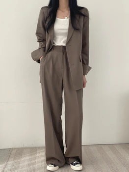 женские модные комплекты из двух предметов, весна-осень, корейский шикарный повседневный блейзер на двух пуговицах с лацканами, куртка + широкие брюки с высокой талией