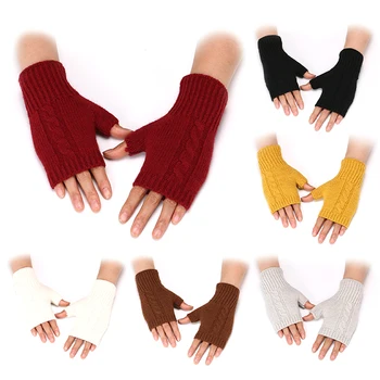 Женские перчатки для девочек, варежки на полпальца, осенне-зимние теплые вязаные Модные аксессуары