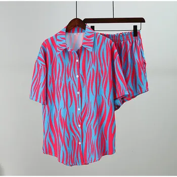 Женский комплект из рубашки и шорт с принтом 2022, повседневные однобортные топы с отложным воротником и длинным рукавом