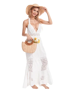Женское богемное длинное платье без рукавов с открытой спиной, кружевное платье в стиле пэчворк, платье для пляжного отдыха