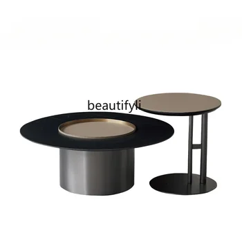 Журнальный столик с каменной плитой для гостиной, Домашний круглый Итальянский Легкий журнальный столик в стиле минимализма из нержавеющей стали