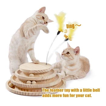 Интерактивные игрушки для кошек с деревянной основой из перьев, игрушка-шар для саморазвития с 3 уровнями, сизаль для кошек, играющая игрушка