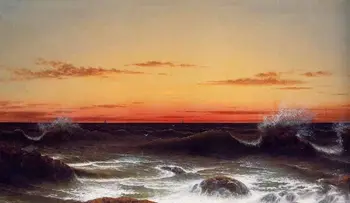 Красивый Пейзаж Маслом на Холсте для Домашнего декора Морской пейзаж, Закат с волнами от Мартина Джонсона Хида, Ручная Роспись