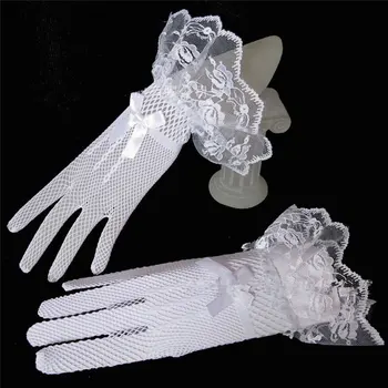 Модные Короткие Свадебные перчатки для новобрачных Длиной до запястья с пятью пальцами, кружевные перчатки для выступлений для девочек