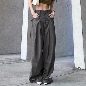 Модные повседневные брюки с низкой посадкой и карманами на шнуровке, Серые брюки-карго, Корейские женские уличные спортивные брюки y2k, эстетичные брюки