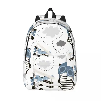 Мужской Женский рюкзак, школьный рюкзак большой емкости для студента, милая панда в пилотской кепке и школьная сумка в стиле ретро Air Planes