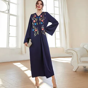 Мусульманское Осеннее Новое Синее Платье-халат Abaya Fashion С V-образным вырезом, Вышитое Платье-халат