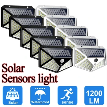 Наружные 100-светодиодные солнечные фонари с датчиком движения, беспроводной настенный светильник, 3 режима освещения, водонепроницаемый IP65, освещение для сада и двора