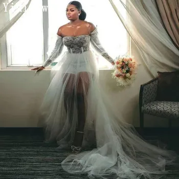 Нигерия Белые халаты невесты с короткими штанами Тюлевые свадебные платья Платье для душа невесты с открытыми плечами и длинным рукавом Иллюзионный Лиф