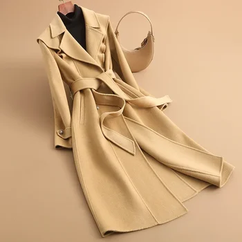 Новое двустороннее кашемировое пальто 2023 года, женское пальто средней длины с высококачественным поясом, популярное осенне-зимнее пальто из шерстяной ткани