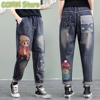 Новые джинсы в корейском стиле с эластичной резинкой на талии, весна-лето, женские джинсы в стиле ретро с рисунком мультяшной девушки, накладной карман с вышивкой, потертые шаровары для женщин