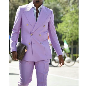 Новые мужские костюмы Фиолетового цвета с отворотом, Двубортный блейзер, Элегантный Повседневный Свадебный Смокинг жениха, костюм из 2 предметов, приталенный