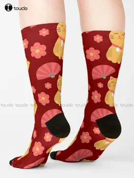 Носки с рисунком Lucky Cat, мужские хлопчатобумажные носки, Персонализированный подарок с цифровой печатью 360 °, Harajuku, унисекс, носки для взрослых, подростков и молодежи