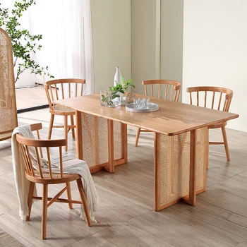 Обеденный стол из массива дерева в скандинавском стиле, прямоугольный стол и стулья из ротанга, простой дубовый стол, четыре стула, обеденный стол
