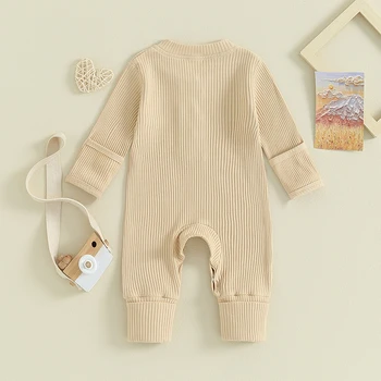 Однотонный комбинезон для новорожденных девочек и мальчиков, осенне-зимняя одежда, вязаный полосатый комбинезон с длинным рукавом
