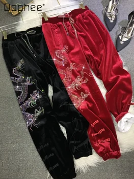 Осенне-зимние толстые спортивные штаны из флиса, женские красные спортивные штаны с мультяшным Драконом из тяжелой промышленности, с резинкой на талии, бархатные брюки с резинкой по щиколотку