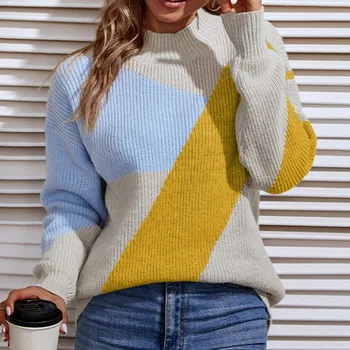 Осенне-зимний женский пуловер в цветную клетку, женский повседневный и удобный контрастный свитер с полувысоким вырезом