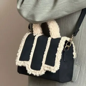 Осенне-зимняя сумка из искусственной кожи, новая женская маленькая черная сумка из овечьей шерсти, простая изысканная Универсальная сумка через плечо