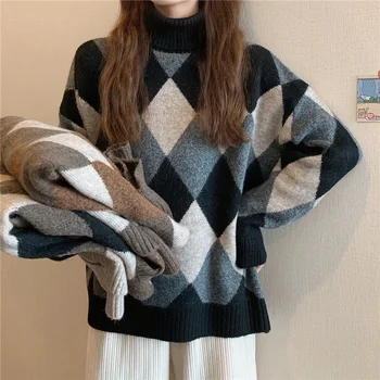 Осень / Зима 2023, Новый свитер с высоким воротом для женщин, утолщенная корейская версия, Элегантный свободный свитер для женщин