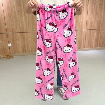 Пижама Sanrio Hello Kitty, Черно-розовая Фланелевая женская одежда с рисунком Аниме, теплые шерстяные повседневные домашние брюки из белого хлопка, Осенние Модные брюки