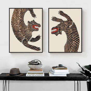 Плакат с тигром, картина с животными в японском стиле, Винтажный азиатский художественный принт, минималистичная настенная картина для домашнего декора в гостиной, спальне