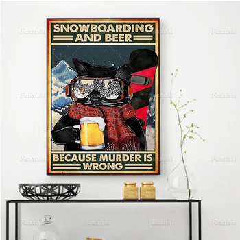Плакаты и принты со сноубордом и пивом, настенное искусство в стиле ретро с котом, холст, HD Модульные картины для гостиной, домашний декор, живопись, подарок
